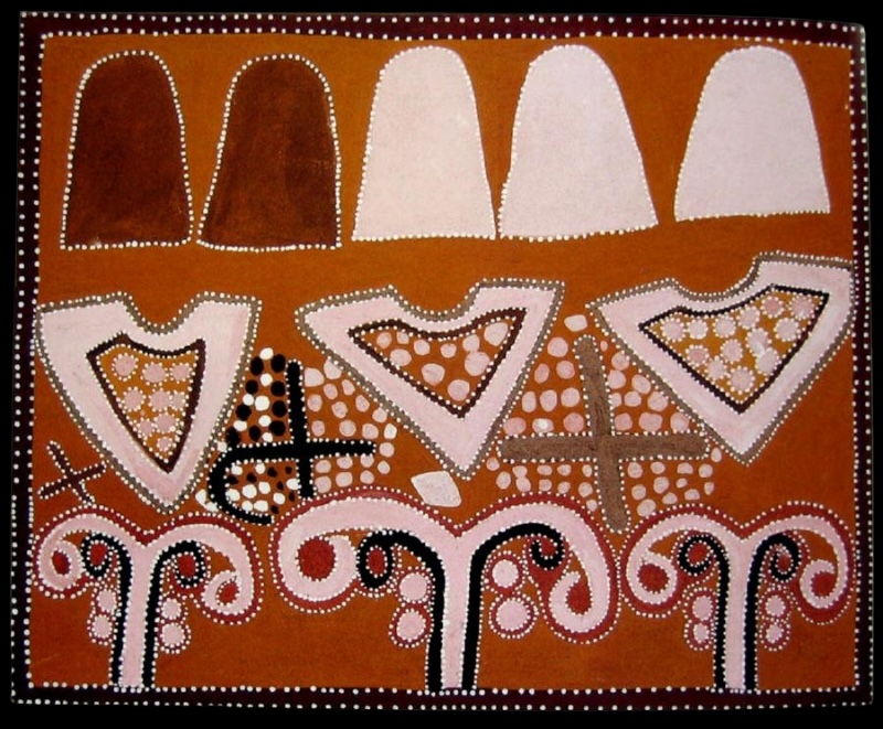 Queenie McKenzie ochre painting celebrating a football final, with goalposts, dotted football shapes, decorative scrolls and five hills on an orange ground.