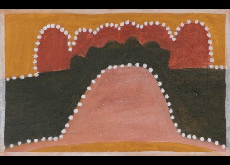 Hector Jandany Aboriginal ochre painting showing a large pink rounded hill outlined with white dots beneath dark green and red-brown ranges on a yellow ochre ground.