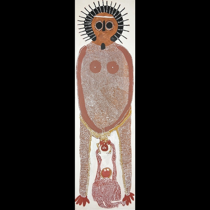 Jack Dale Mengenen painting of a tall female Wandjina in brown ochre with a black radiating halo and densely dotted body, shown giving birth to a small baby figure between her legs.
