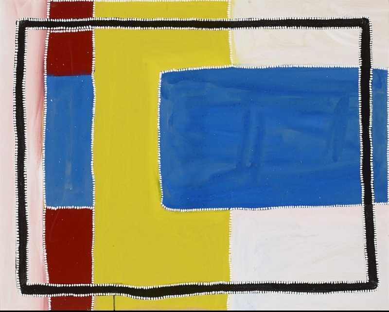 Rammey Ramsey painting composed of large overlapping fields of vivid yellow, deep blue, red, white and pale pink. A broad black rectangular border edged with white dots encloses much of the composition, with a large blue rectangular form dominating the right side.
