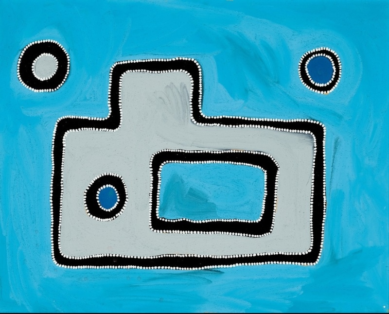 Rammey Ramsey painting with a vivid turquoise-blue ground and a large pale grey irregular shape outlined in black and rows of white dots. Three circular forms and a rectangular opening are distributed within and around the central shape.