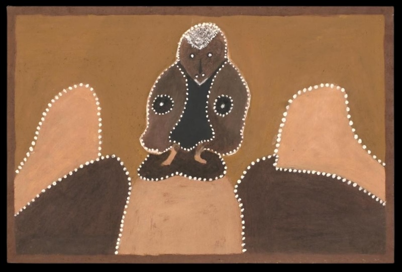 Hector Jandany Aboriginal ochre painting showing a dark ancestral owl-like figure between four rounded hills, all outlined with white dots against a brown ochre ground.