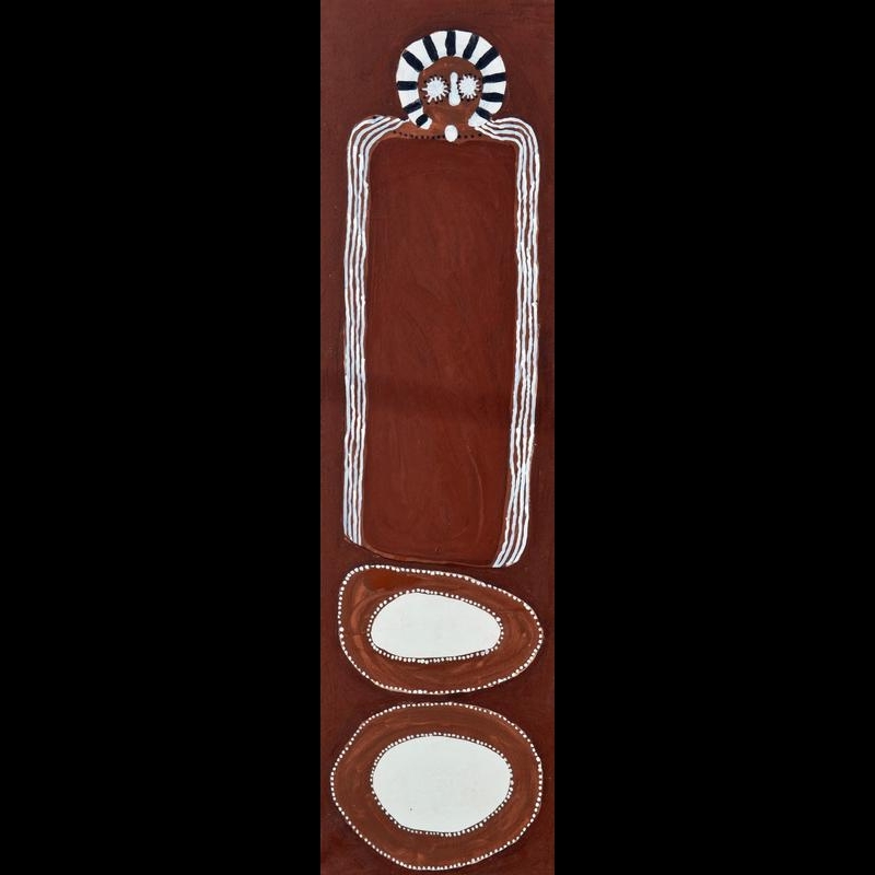 Jack Dale Mengenen painting of a single tall Wandjina with large white eyes, striped halo and long white-lined arms above two large oval Djalala marking stones.