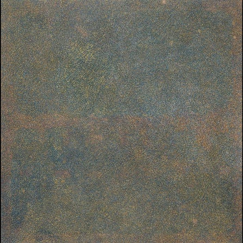 Kathleen Petyarre’s Thorny Devil Lizard Dreaming, 1997, with dense fine dotting in muted blue-grey, ochre and brown forming subtle shifting fields.