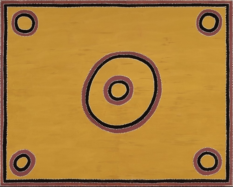 Rover Thomas Barragoo (Lake Gregory), 1996, depicting Lake Gregory and surrounding waterholes as concentric circles on a yellow ochre ground.