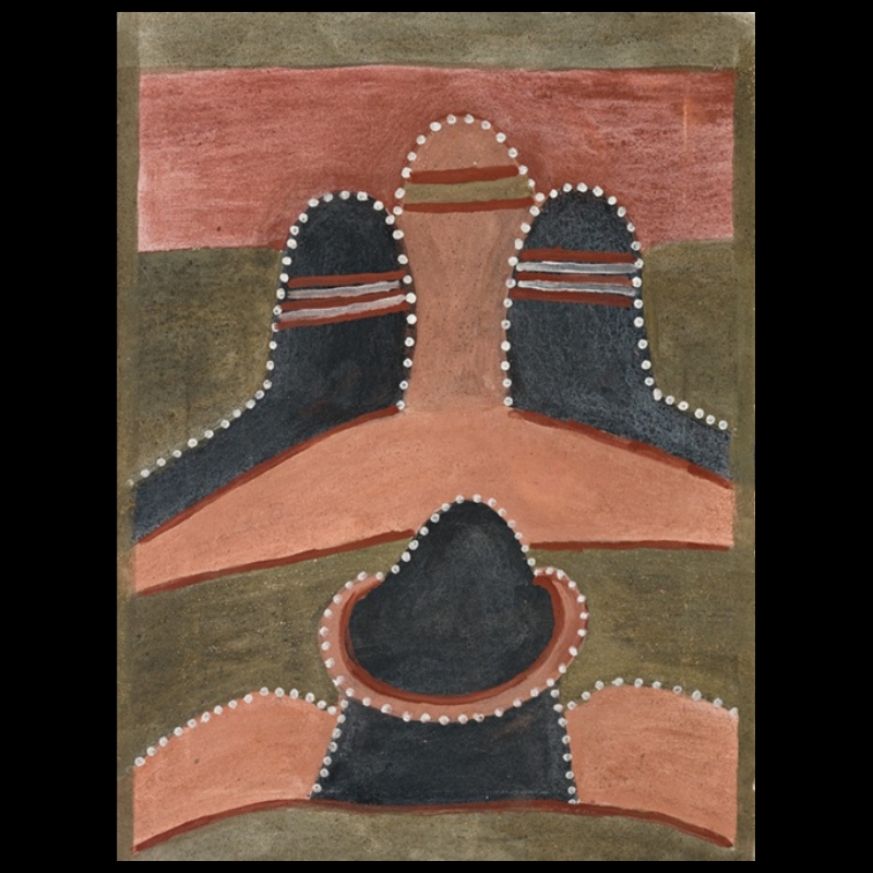Hector Jandany Aboriginal ochre painting showing layered pink and black hills outlined with white dots, with three tall hills above and a dark rounded form below on a muted green ground.