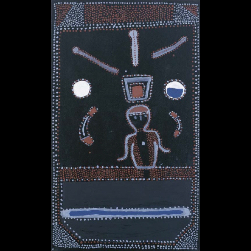 ack Dale Mengenen painting with a small central Aboriginal figure surrounded by circles, curved forms and dotted geometric shapes on a black ground.