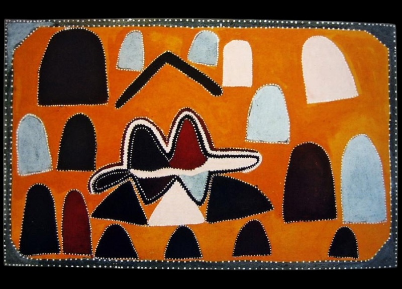 Queenie McKenzie ochre landscape with scattered black, red, pale blue and white hills surrounding a complex central spring form on orange ground.