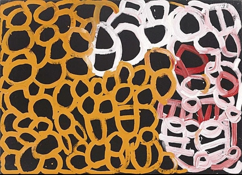 Minnie Pwerle painting of numerous irregular ochre, white, pale pink and red rings and rounded forms clustered across a black background.