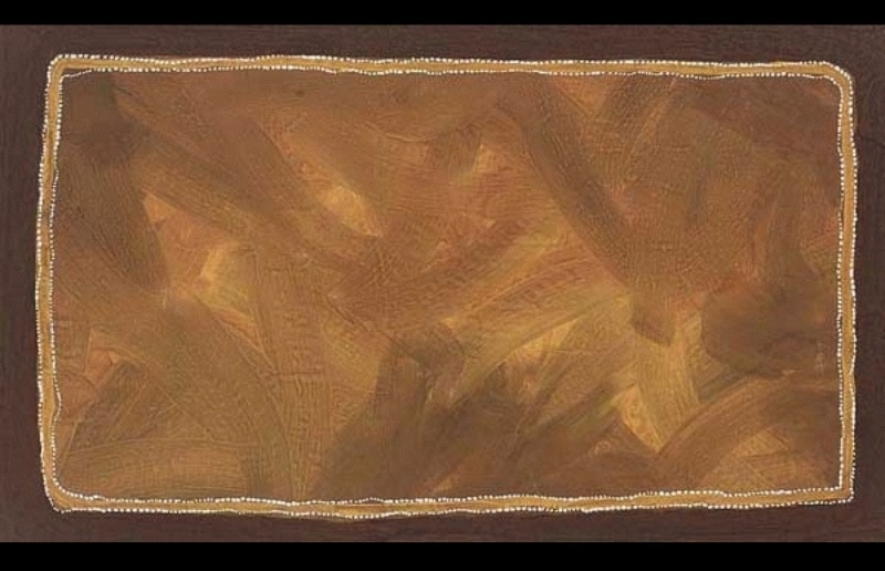Rover Thomas Great Sandy Desert 1995, an expansive ochre painting with a softly worked central field enclosed by fine white dotted lines.
