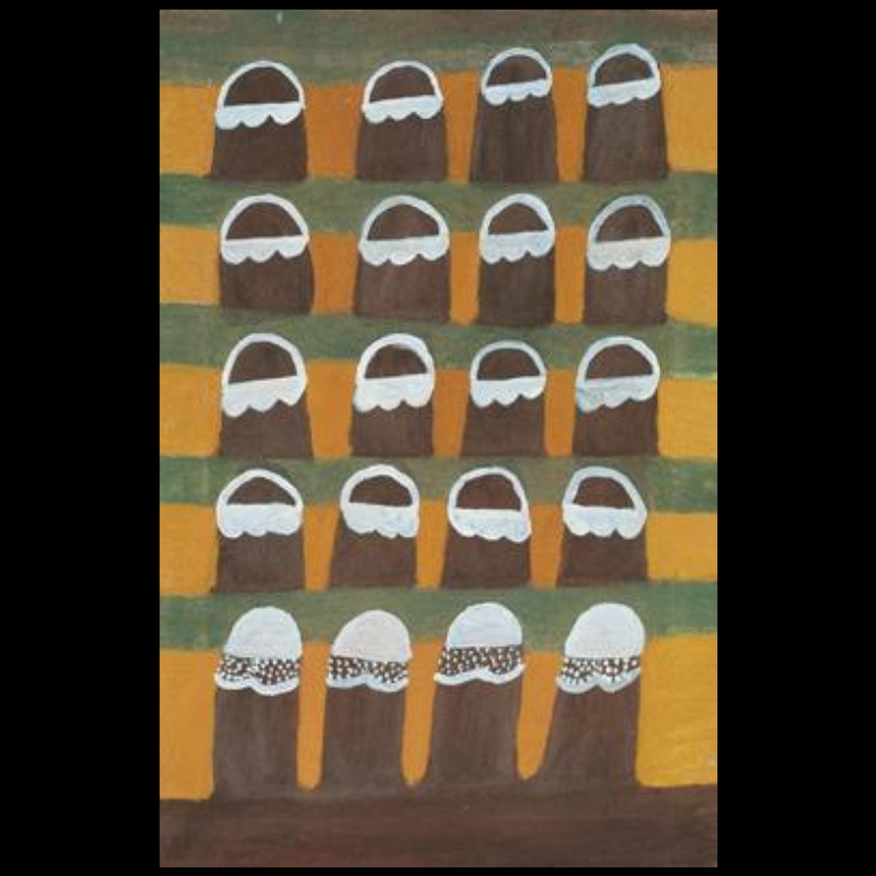 Hector Jandany Aboriginal ochre painting showing twenty simplified brown frog-like forms arranged in five rows across alternating yellow and grey-green bands, with white markings on each figure.