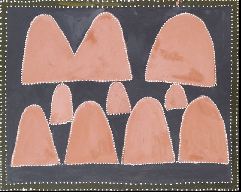 Ochre painting with nine rounded pink-red hill forms of varying sizes outlined in white dots against a dark ground, surrounded by a double dotted border.
