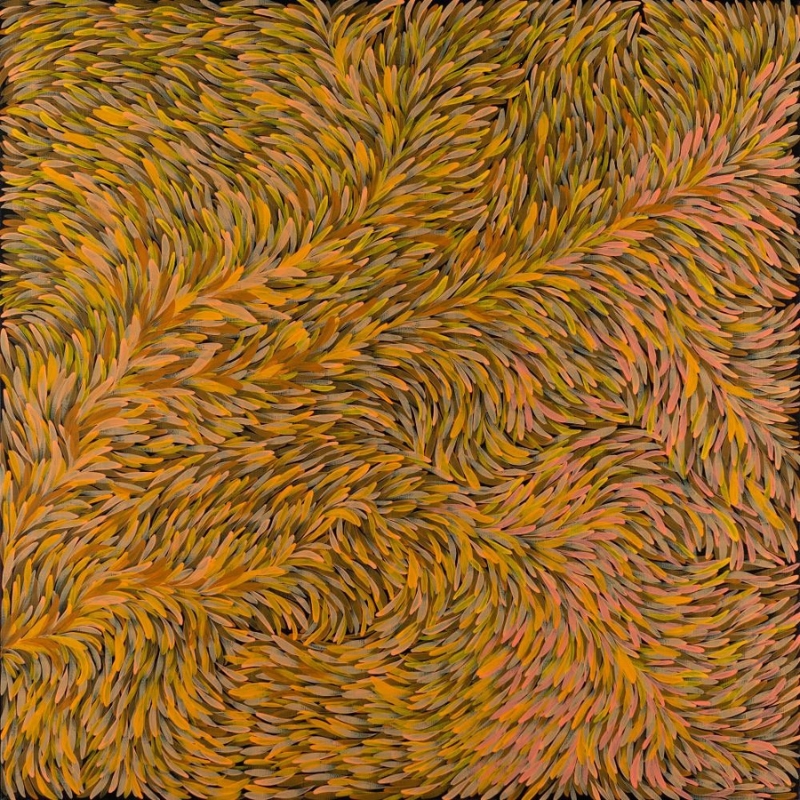 Gloria Petyarre painting of thousands of orange, ochre, pink and brown leaf-shaped brush marks flowing in dense swirling patterns.