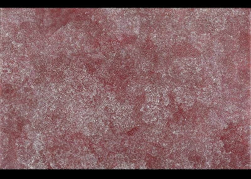 Bush Plum painting by Angelina Pwerle, densely covered with thousands of tiny pale dots forming irregular clusters and shifting patterns across a deep red ground.