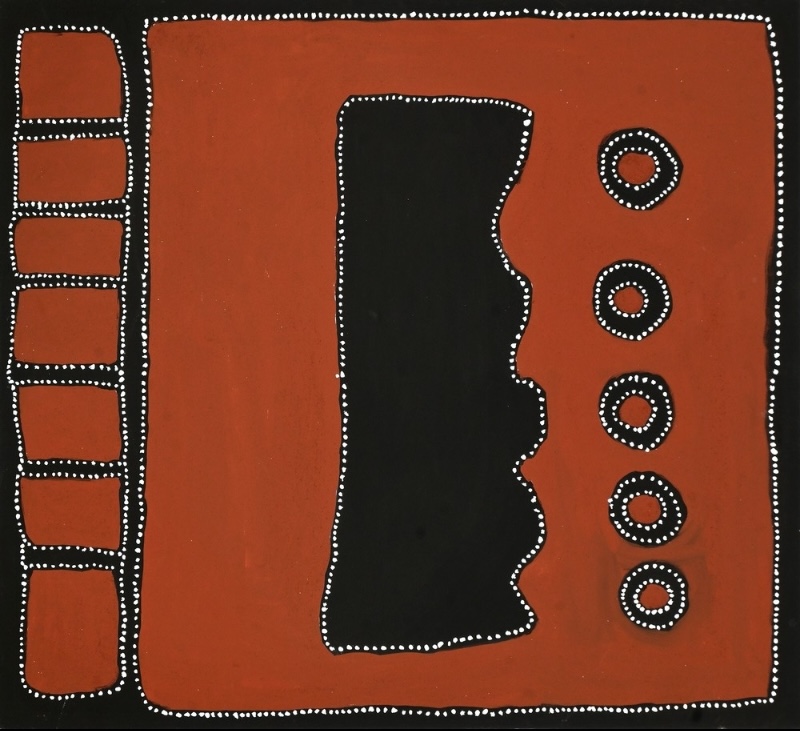 Rammey Ramsey painting on a red-ochre ground with a tall irregular black form in the centre, five small circular forms arranged vertically to the right and a ladder-like black structure running down the left edge. The forms are outlined with rows of white dots.