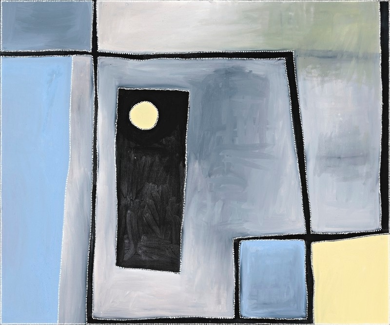 Rammey Ramsey painting divided into irregular geometric fields of pale blue, grey, cream and yellow by thick black lines edged with white dots. A tall black rectangle near the centre contains a small pale yellow circle.