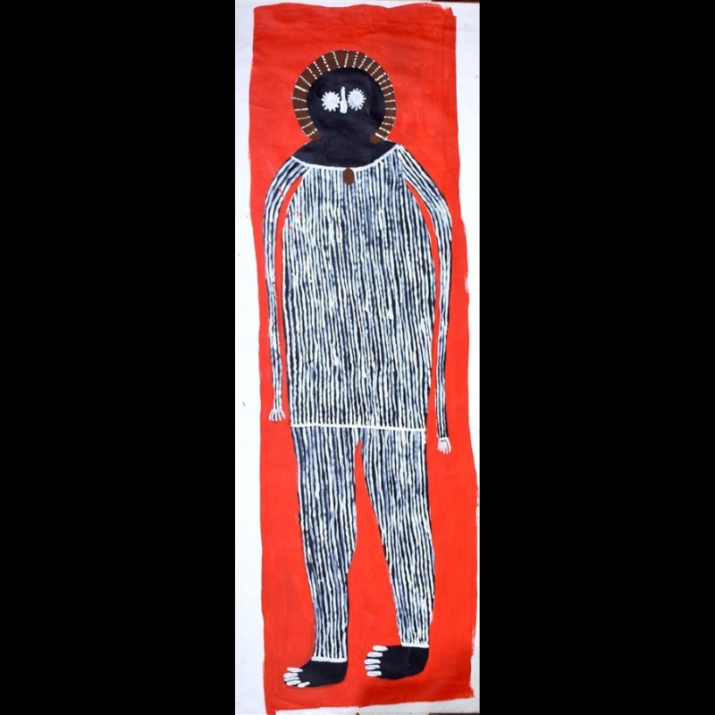 Jack Dale Mengenen painting of a single tall Wandjina with a black circular face, large white eyes, long arms and a striped full-length body against a red ground.