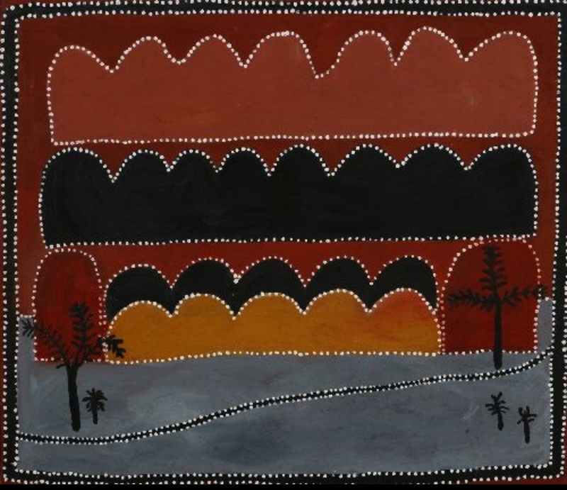 Queenie McKenzie ochre landscape of Lissadell Station at evening, with layered red, black and yellow hills, trees and a winding track