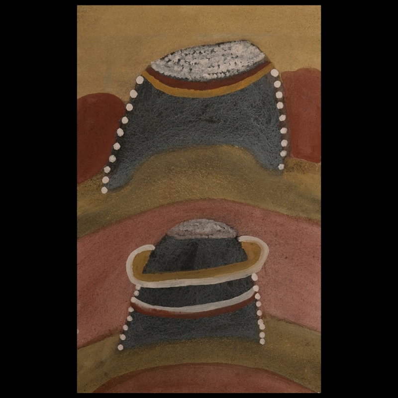 Hector Jandany Aboriginal ochre painting showing two dark rounded hills rising through layered bands of brown, pink and green earth colours, with white dotted edges and striped markings.
