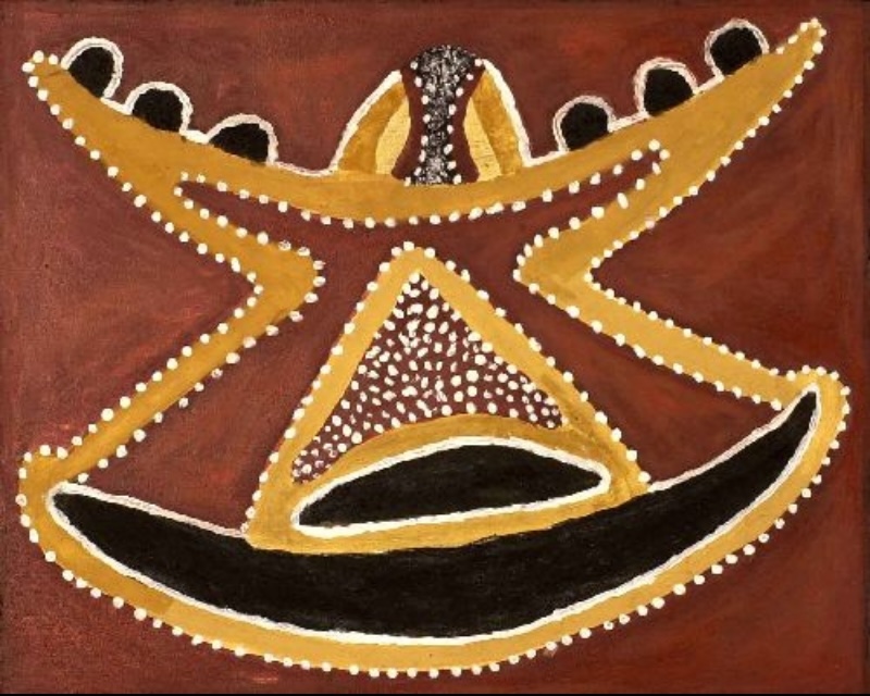 Hector Jandany Aboriginal ochre painting with sweeping yellow forms edged in white dots, black curved shapes and a central triangular field of white dots on a red-brown ground.
