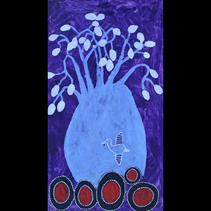 ack Dale Mengenen painting of a large pale blue boab tree against a purple ground, with a bird on its trunk and five red circular forms outlined with white dots below.