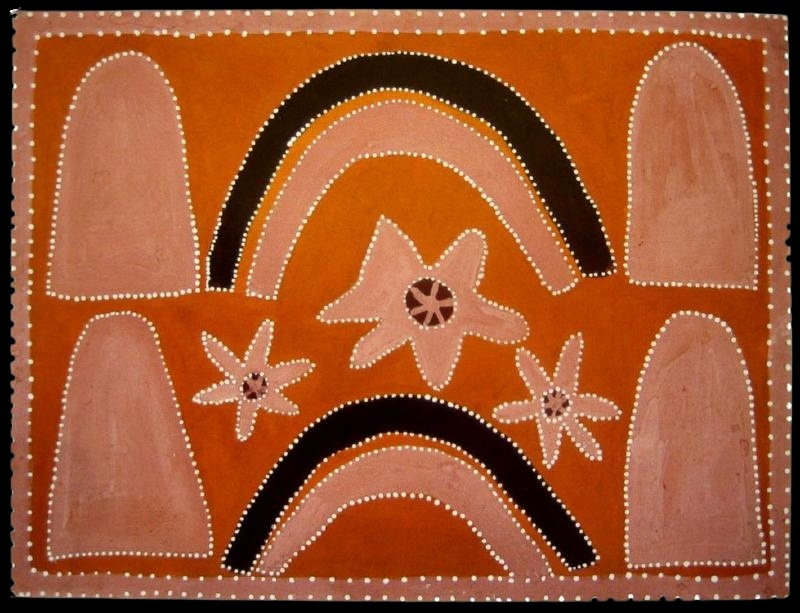 Queenie McKenzie ochre painting with pink hills, arched bands and three stylised waterlily forms against a rich orange ground.