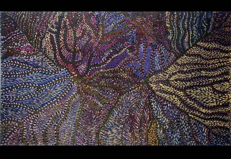 Painting by Gloria Petyarre filled with dense flowing clusters of short multicoloured brush marks in purple, blue, yellow, pink, green and white on a dark ground.