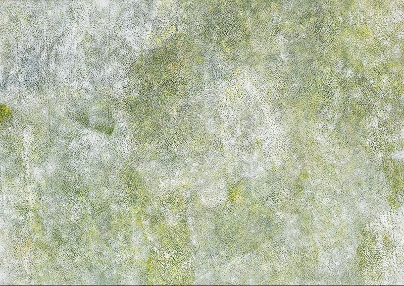 Bush Plum painting by Angelina Pwerle, densely covered with countless tiny white and green dots forming softly shifting patterns across a pale ground.