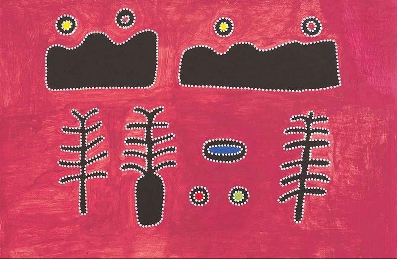 Rammey Ramsey painting on a vivid pink-red ground with two large black rocky forms across the top and three branching plant-like forms below, all outlined with white dots. Small circular motifs in yellow, red, green and blue are scattered through the composition.