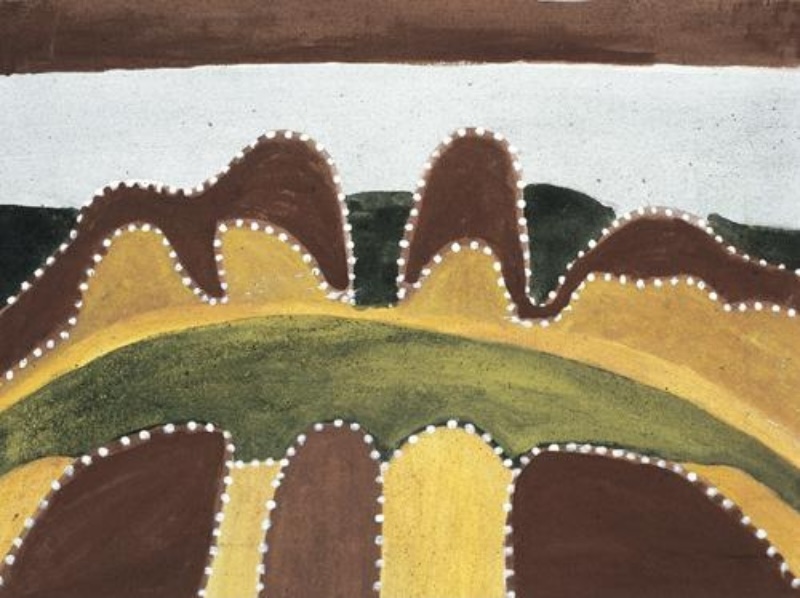 Hector Jandany Aboriginal ochre painting showing overlapping rows of rounded brown and yellow hills outlined with white dots, separated by a broad green ridge beneath a pale sky.