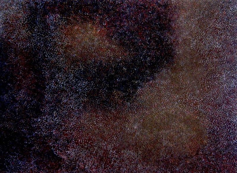 Abstract painting by Angelina Pwerle densely covered with tiny blue, white, red and ochre dots forming irregular cloud-like areas across a dark ground.