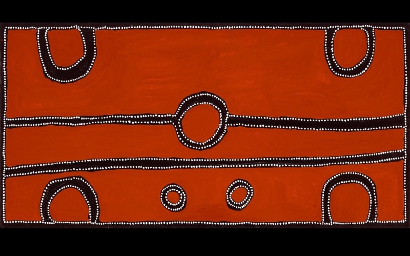 Long horizontal Rammey Ramsey painting on a vivid red-ochre ground, crossed by parallel black lines edged with white dots. Large circular and arch-shaped forms appear around the edges, with three smaller circles across the centre and lower section.