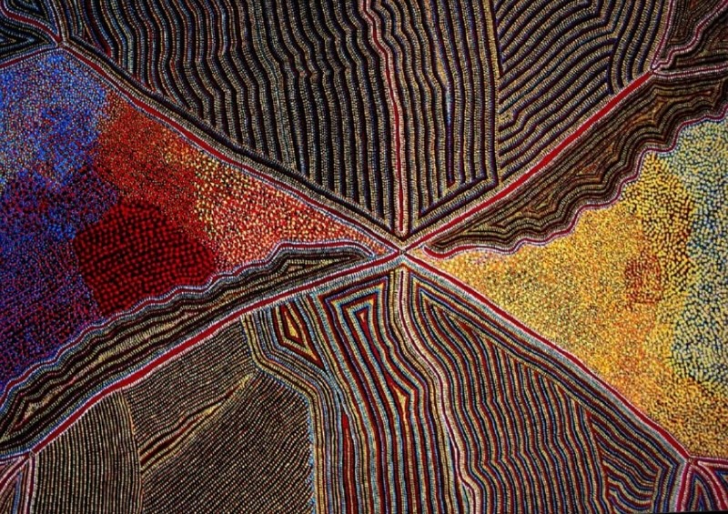 Kathleen Petyarre’s Mountain Devil Lizard Dreaming, 1994, with crossing ancestral paths dividing fields of fine dots and densely patterned linear forms.