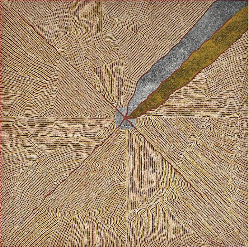 Kathleen Petyarre’s Mountain Devil Lizard Dreaming, 2010, with flowing fields of fine lines converging around elongated grey and ochre forms.
