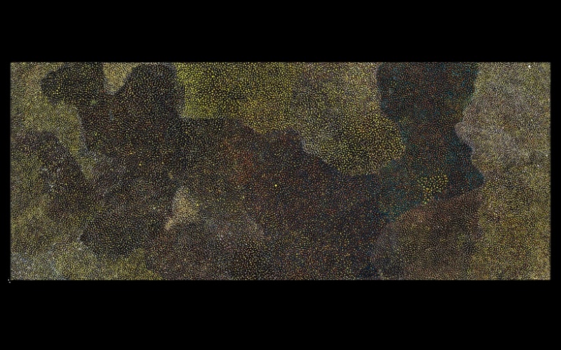 Plum Story painting by Angelina Pwerle, with thousands of tiny yellow, ochre, pale and blue dots forming irregular areas across a dark elongated canvas.