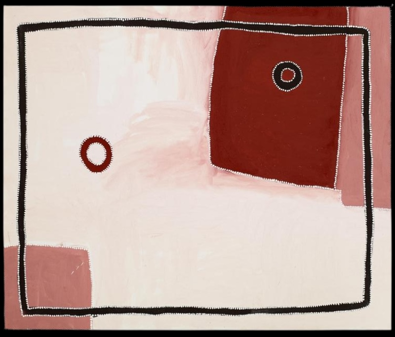 Rammey Ramsey painting with a predominantly white and pale pink ground enclosed by a black rectangular border edged with white dots. A large dark red field occupies the upper right, with smaller pink and red blocks and two circular forms across the composition.