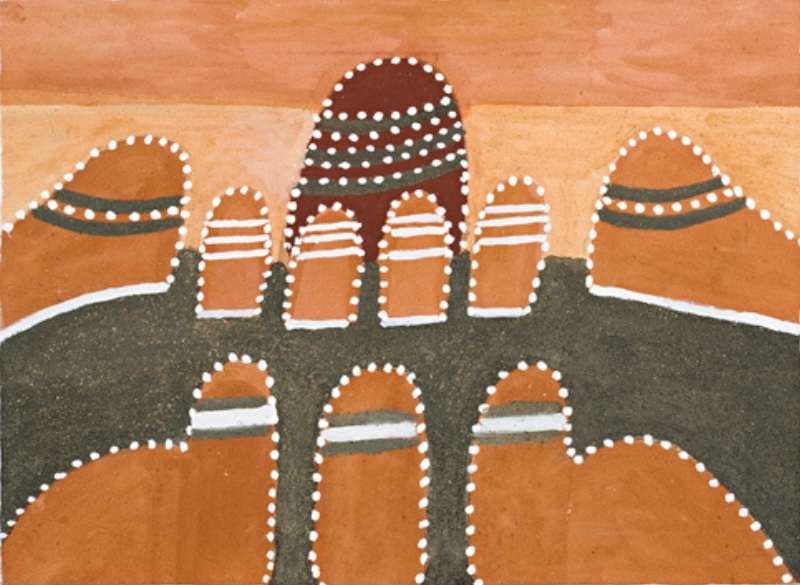 Hector Jandany Aboriginal ochre painting showing rows of rounded orange and brown hills outlined with white dots and horizontal bands, separated by a broad dark ridge.