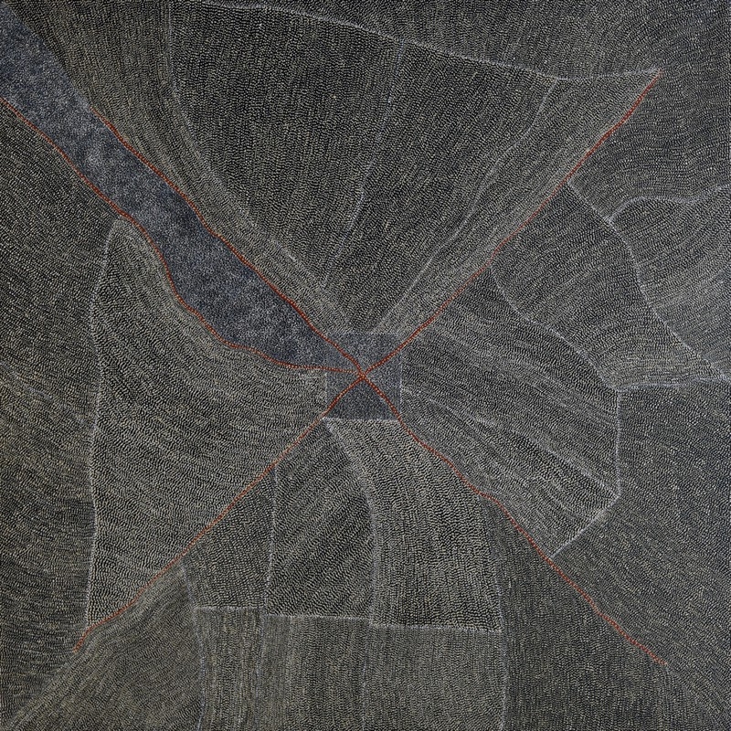 Kathleen Petyarre’s Mountain Devil Lizard Dreaming, 2006, with intersecting red lines, an elongated dark form and dense fine dotting on a black ground.