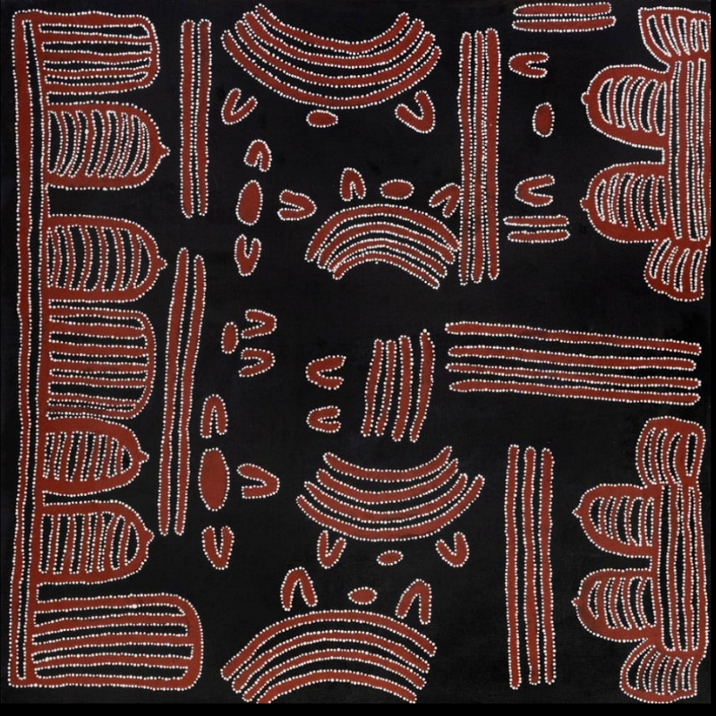 Black painting filled with symmetrical red-brown ceremonial forms, each outlined by rows of small white dots and parallel white dotted lines.