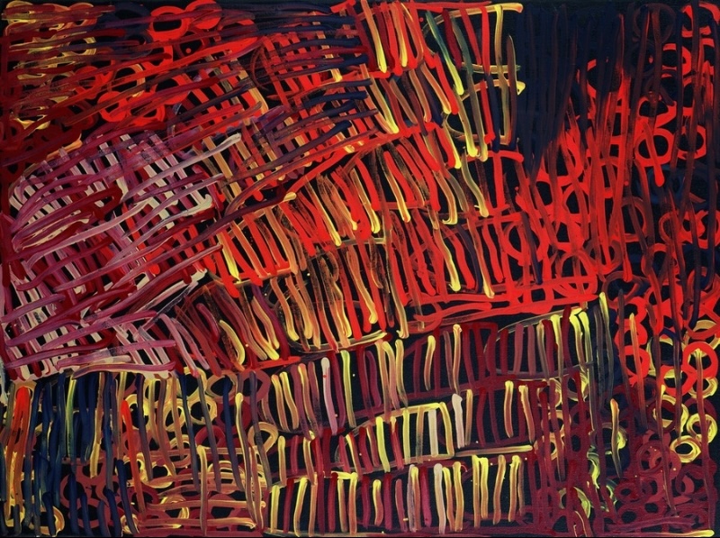 Minnie Pwerle painting of densely overlapping red, yellow, orange, pink and dark blue lines forming striped blocks, loops and circular shapes on a black background.
