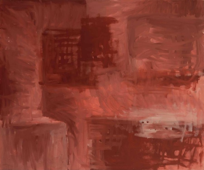 Rammey Ramsey painting composed almost entirely of layered red and brown earth colours. Broad rectangular areas and intersecting horizontal and vertical brushstrokes emerge through the densely worked surface, with a pale band crossing the lower right.
