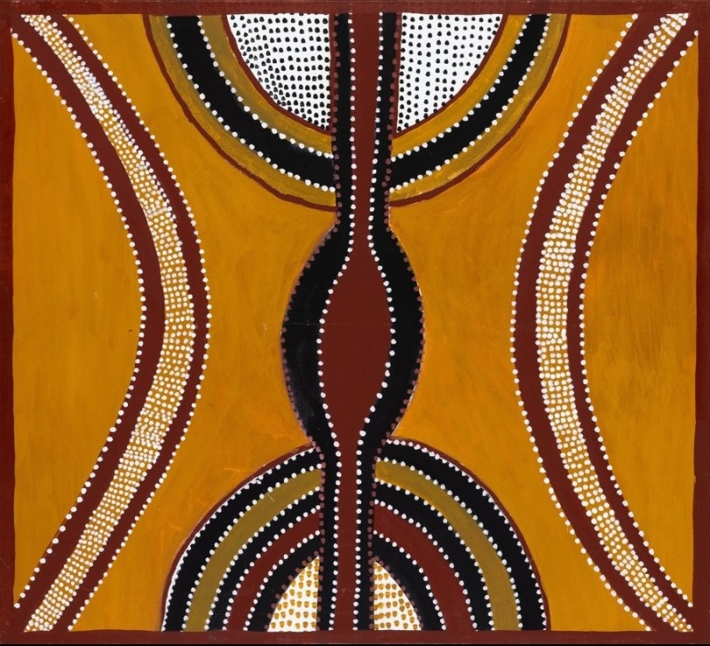 Hector Jandany Aboriginal ochre painting of Big Bull Goanna Dreaming, with a central black and red form surrounded by sweeping concentric bands and dense white dotting on a yellow ochre ground.