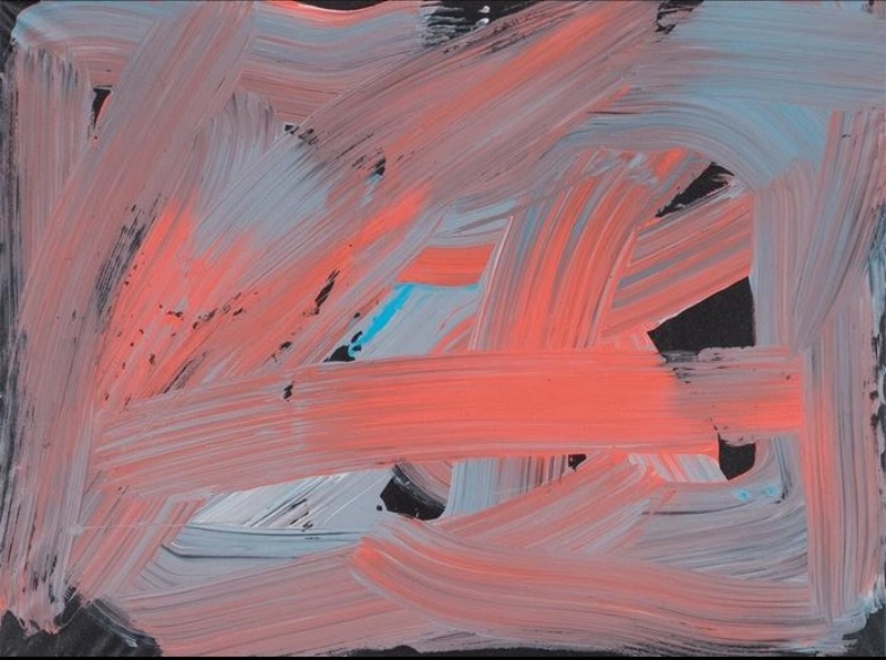 Gloria Petyarre abstract mop painting with broad overlapping strokes of pink, grey and blue over black.