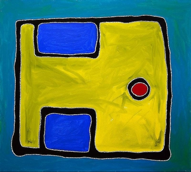 Rammey Ramsey painting with a turquoise-blue ground surrounding a large yellow geometric form outlined in black and rows of white dots. Two deep blue rectangular shapes sit within the yellow area, with a small red circle outlined in black and white dots at right.