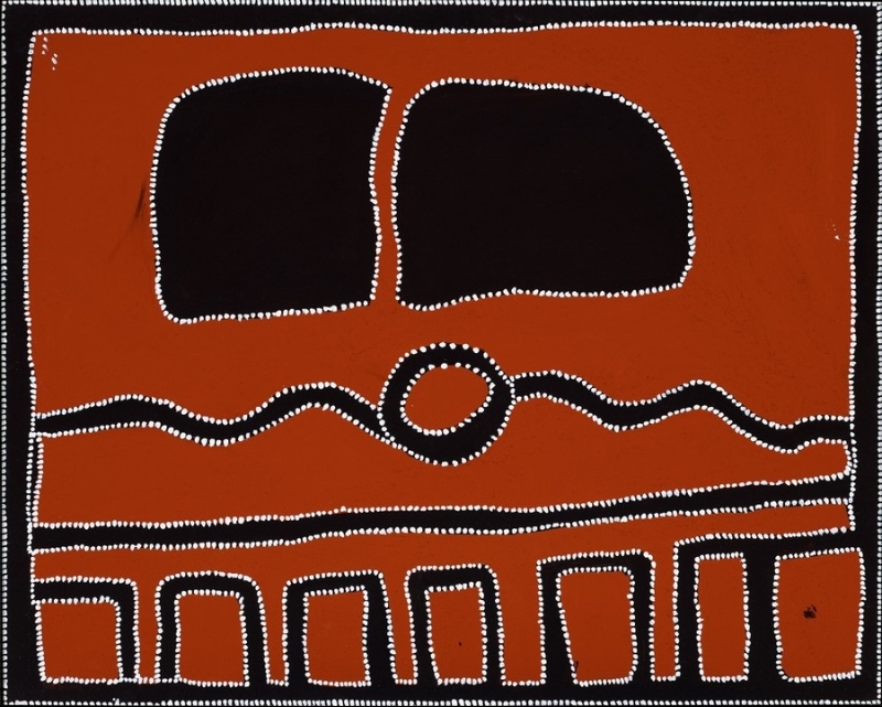 Rammey Ramsey painting on a red-ochre ground with two large black rectangular forms across the top, a central circle crossed by a wavy black line, horizontal bands and a row of seven rectangular forms along the bottom. All major shapes are outlined with small white dots.