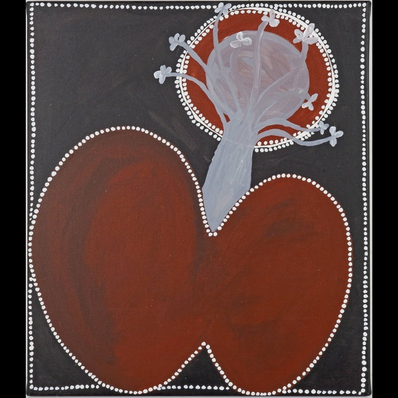 Jack Dale Mengenen painting of two large rounded red-brown hills outlined with white dots, with a pale grey boab tree rising between them towards a large red circular moon against a dark background.