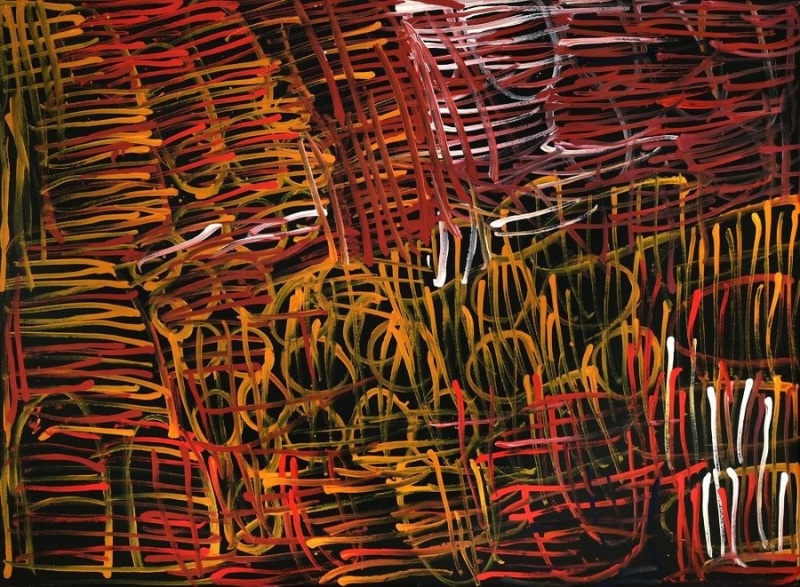 Minnie Pwerle painting of overlapping red, orange, ochre, pink and white lines forming loose grids, loops and parallel bands across a black background.