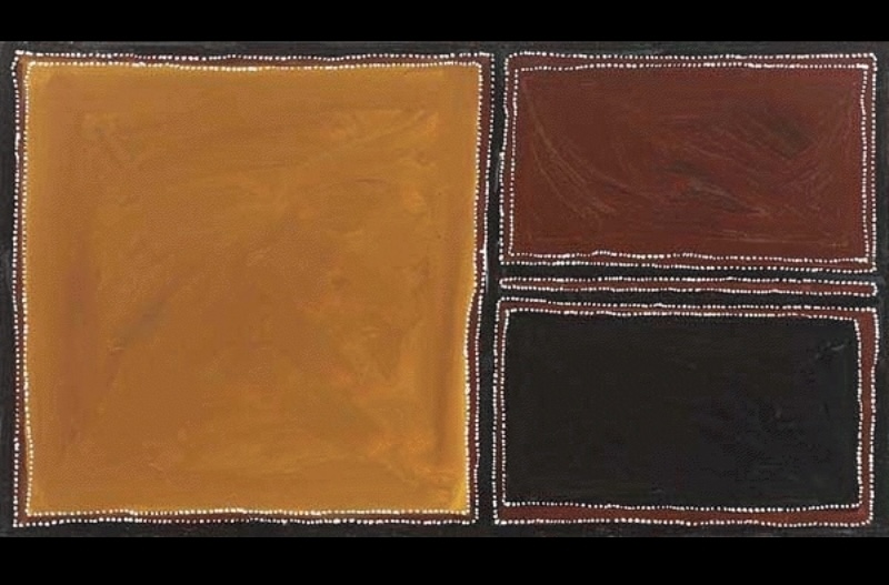 Rover Thomas Wati Kutjarra Area 1995, an ochre painting divided into three large fields of yellow, red-brown and black outlined with white dots.