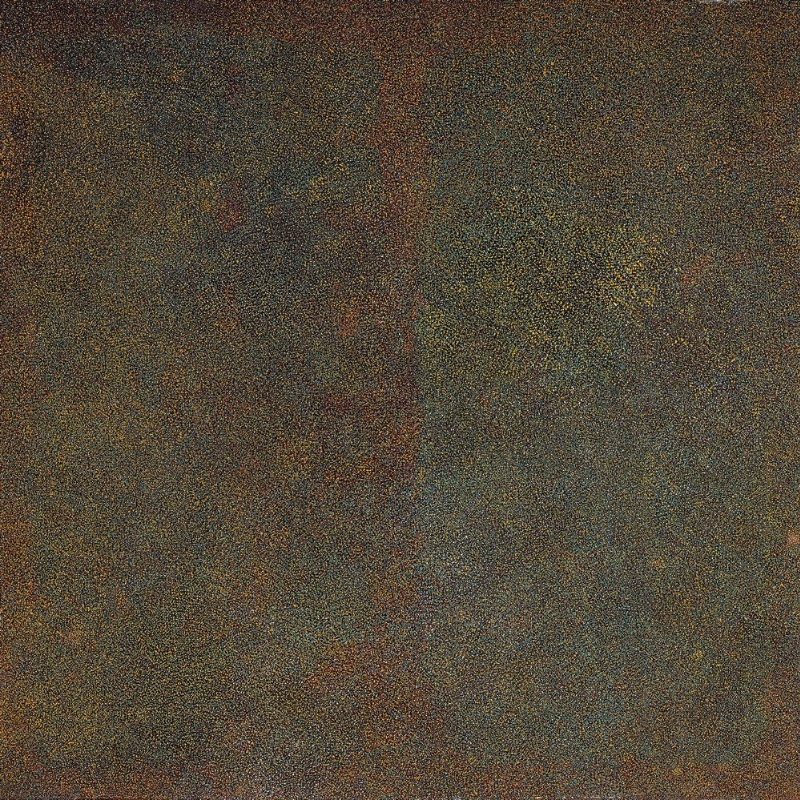 Kathleen Petyarre’s Thorny Devil Lizard Dreaming, 1997, with thousands of fine ochre, yellow and blue-grey dots forming shifting fields of colour.