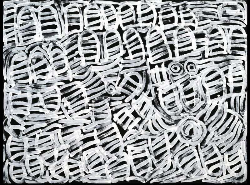 Minnie Pwerle painting with bold white and grey curved forms, parallel stripes and circular motifs densely arranged across a black background.